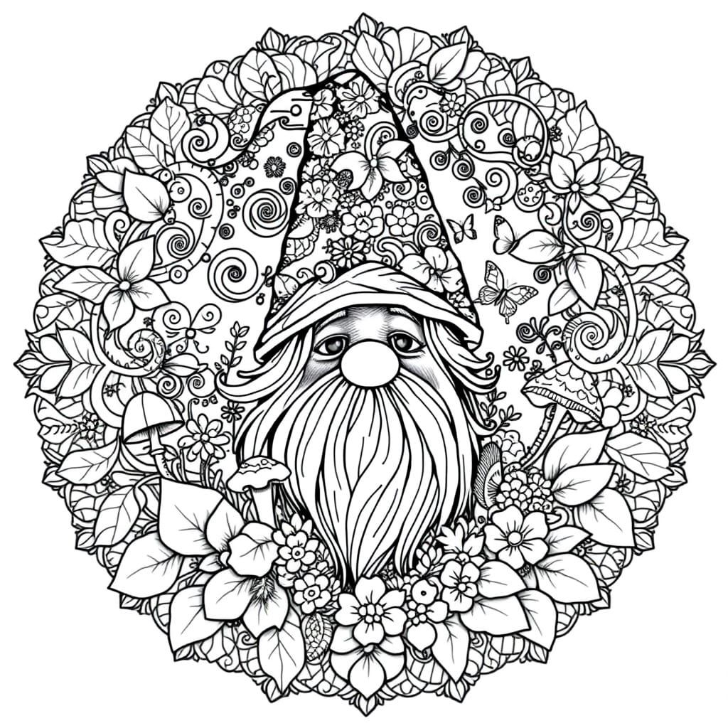Surreal Whimsical Gnome Mandalas in Black and White Line Dra...