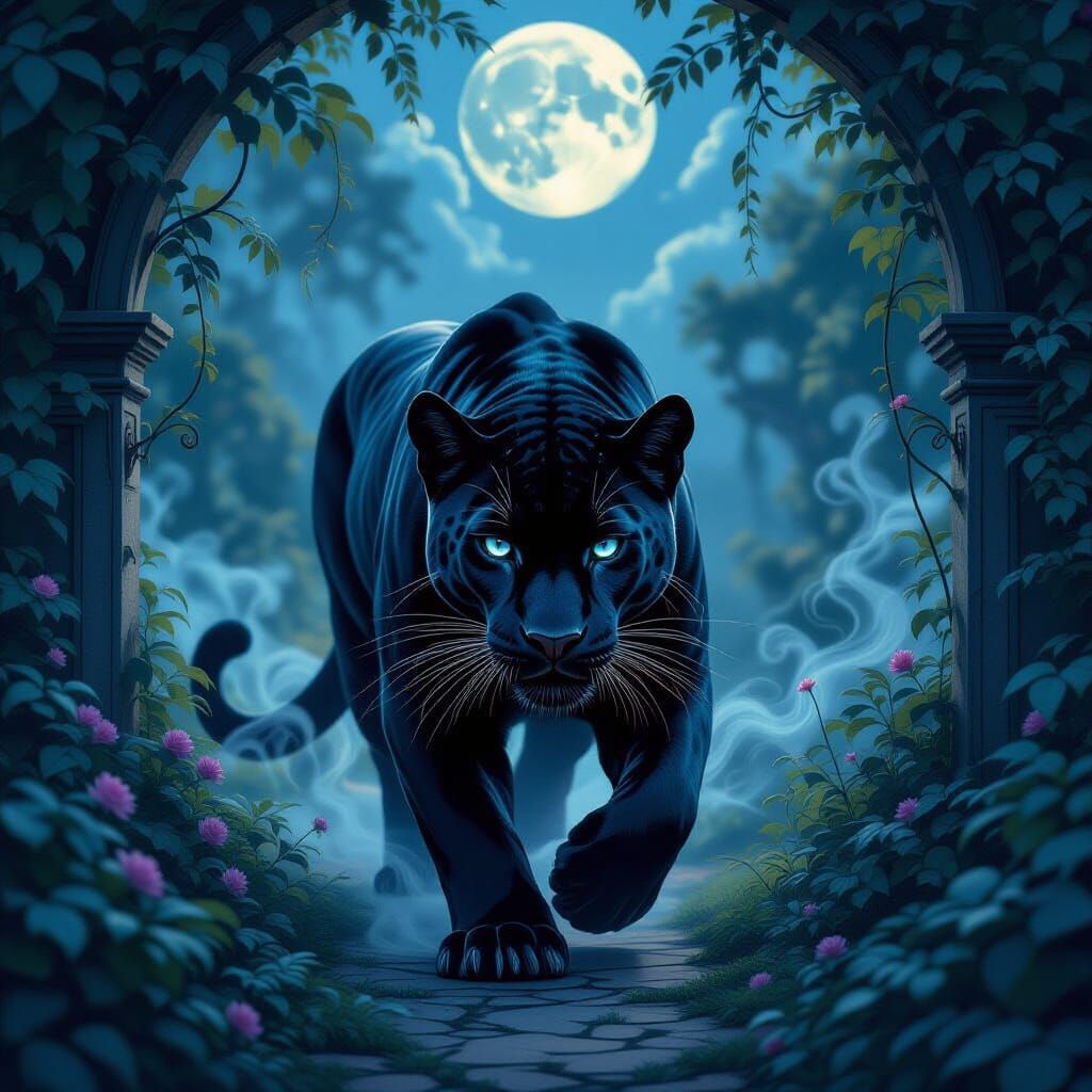 Majestic Black Panther in Art Nouveau Garden
