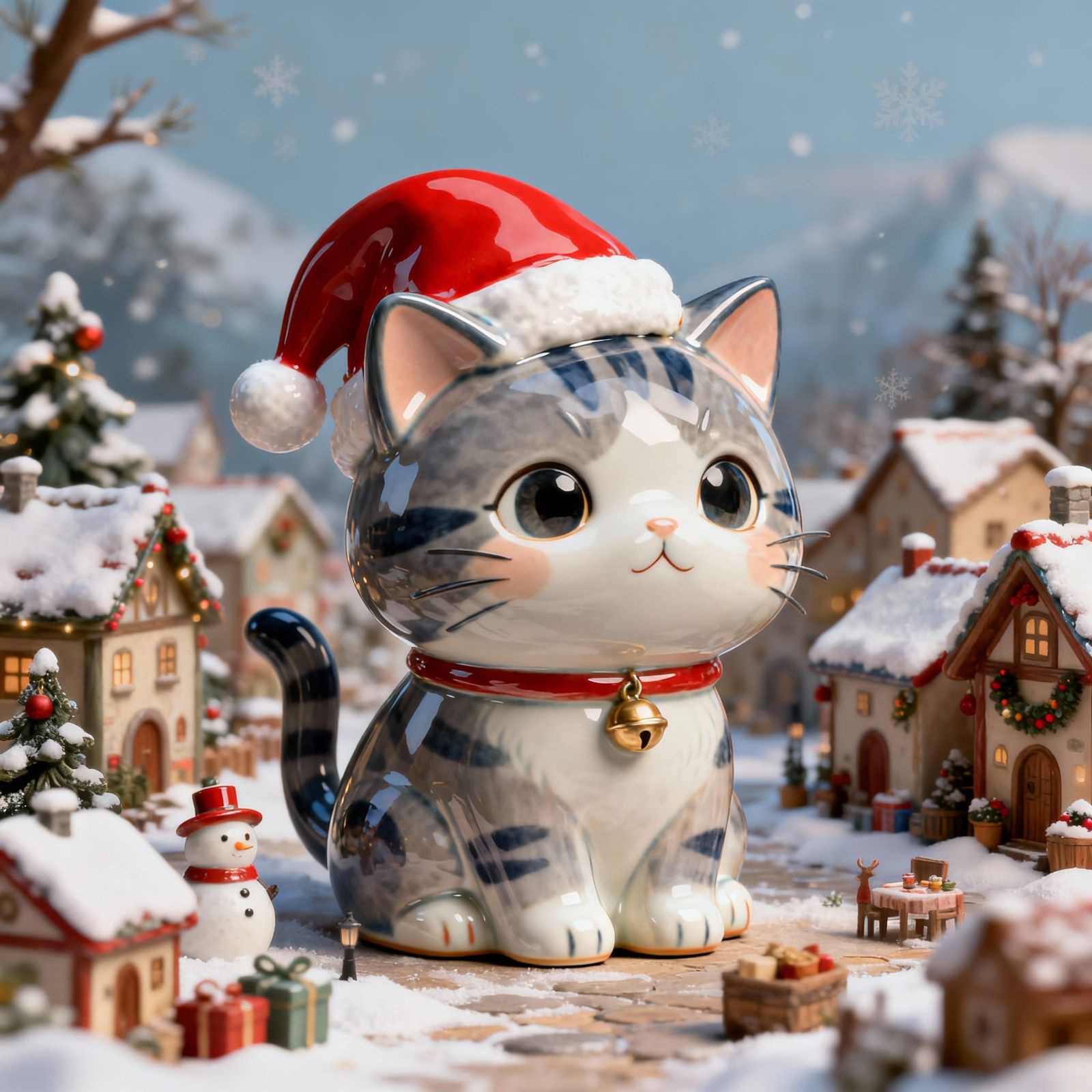 Monolithic Ceramic Cat in Tiny Village