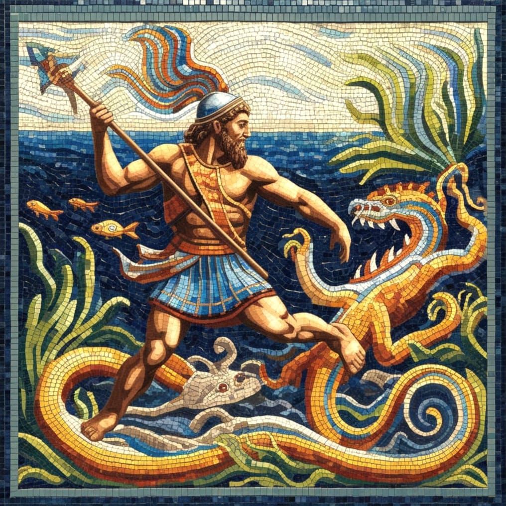 Greek Hoplite Chasing A Legendary Beast, Mosaic