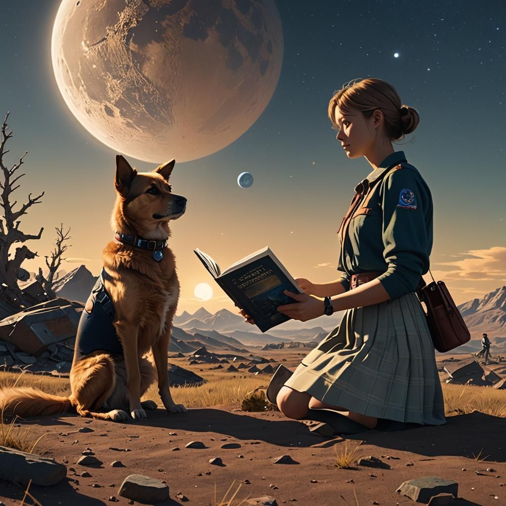 Dog Reads Novel in Orbit: Photorealistic Film Still