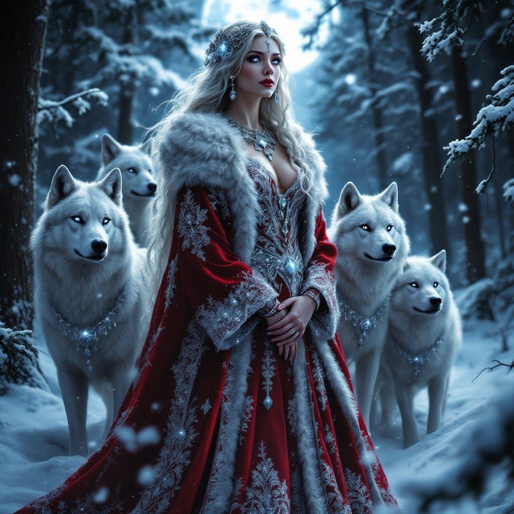 Regal Santa Woman Surrounded by Wolf Companions in Magical M...