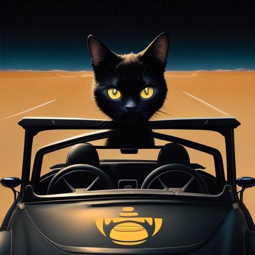 Black Cat Drives Cabriolet Through Desert: Pop Art