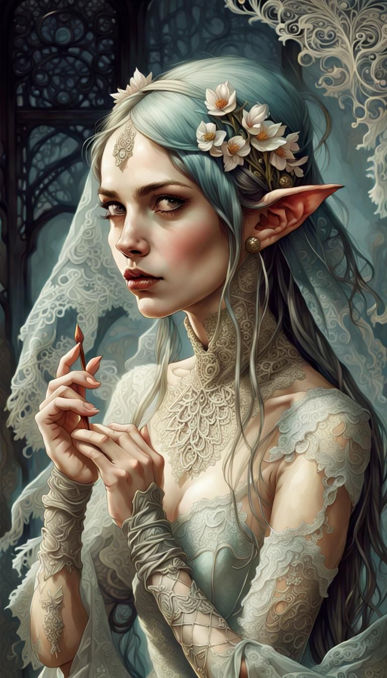 Romantic Elf with Lace Veils Fantasy Illustration