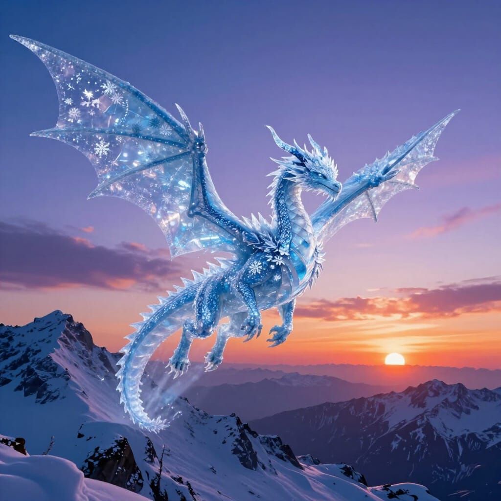 Majestic Ice Dragon Soars Over Frozen Mountains at Twilight