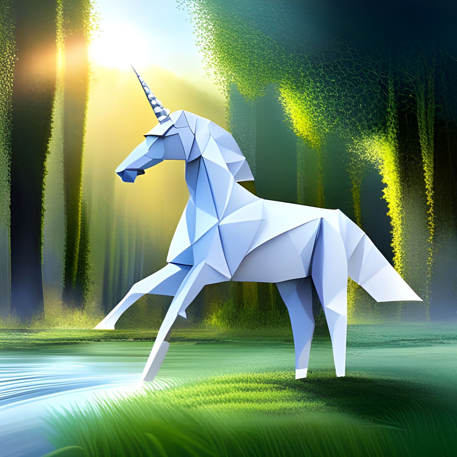 Origami Unicorn Papercraft in Garden Setting