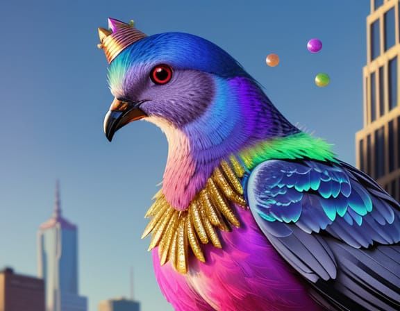 Glitter Pigeon in Surreal Cityscape, Art Nouveau Style