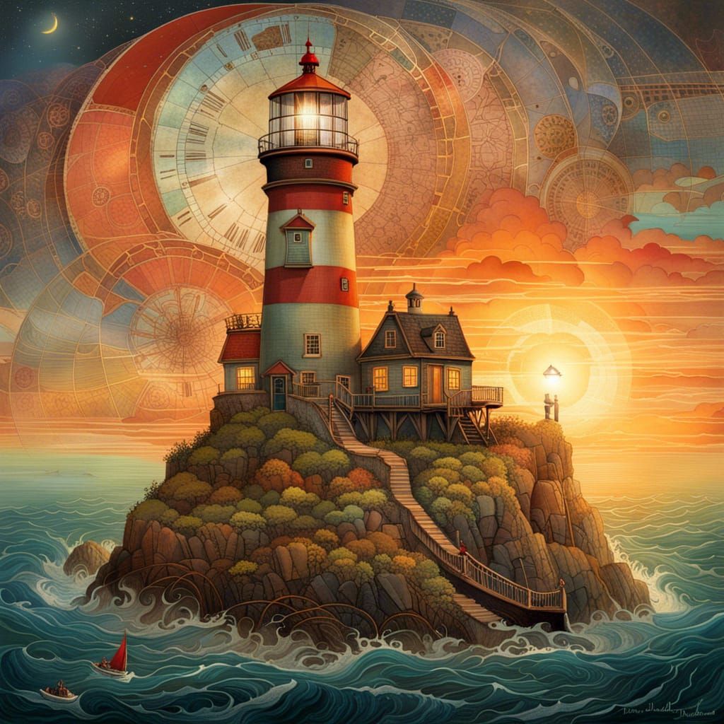 Lighthouse Sunset Collage in a Surreal Style