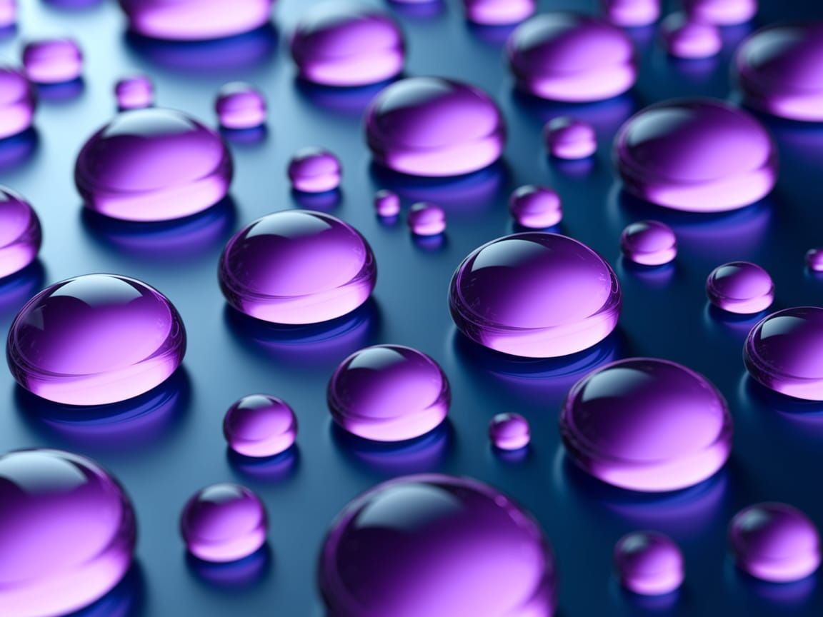 Translucent Purple Water Droplets on Blue Surface
