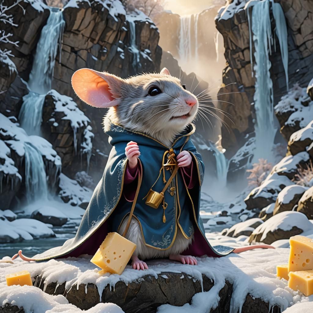 Mouse Under Frozen Waterfall Eating Cheese