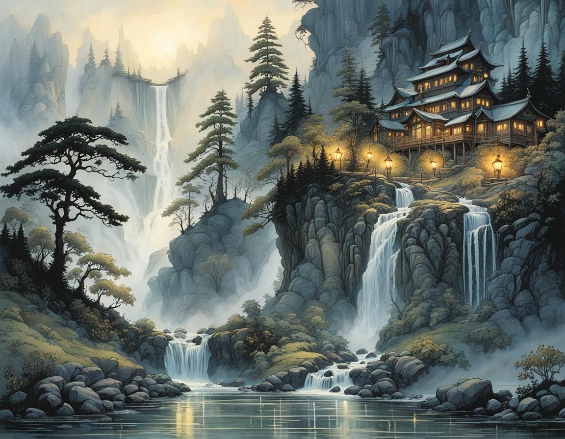 Ethereal Waterfall in Foggy Valley