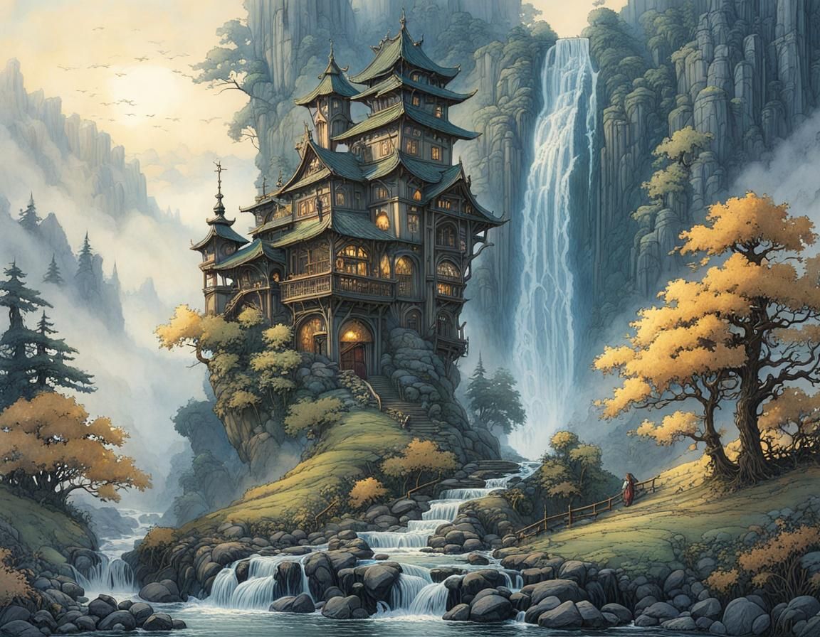 Foggy Valley Waterfall Illustration in Fantasy Art Style