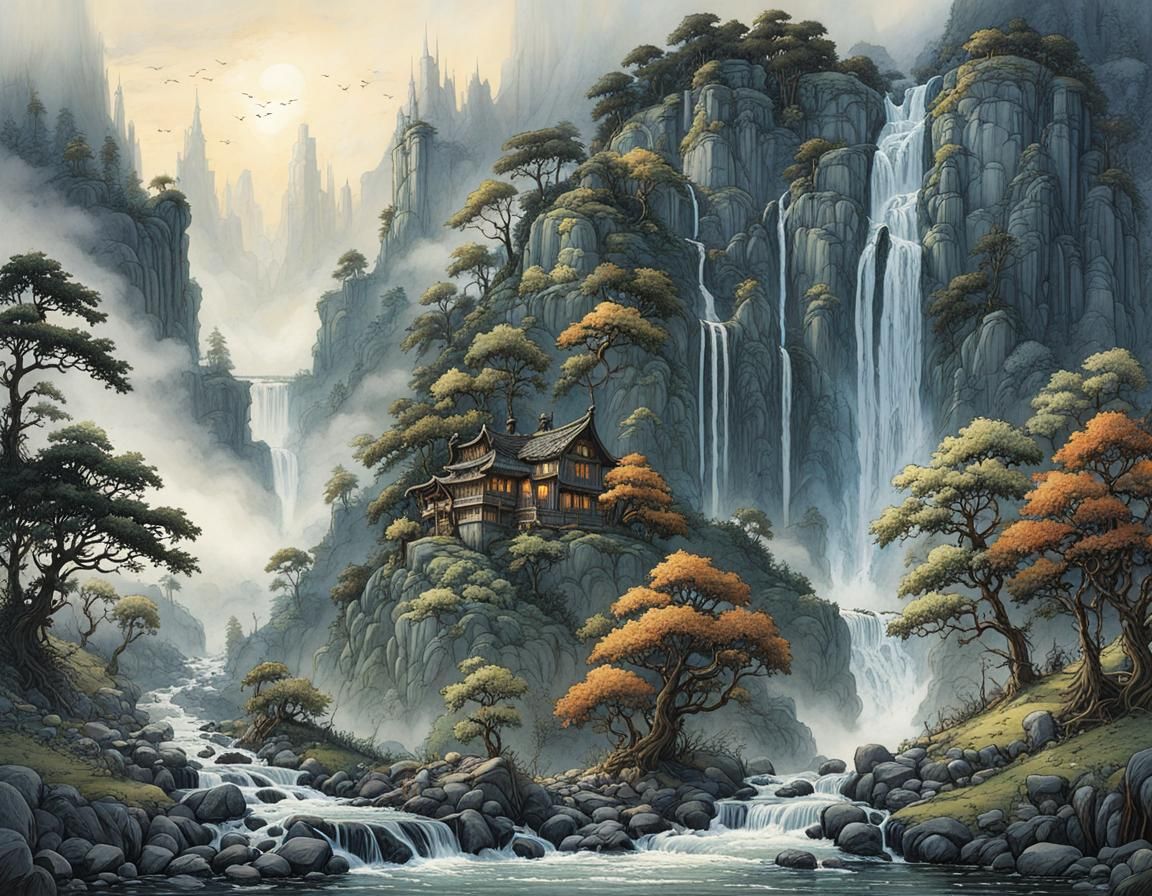 Whimsical Waterfall in Mysterious Valley at Dusk