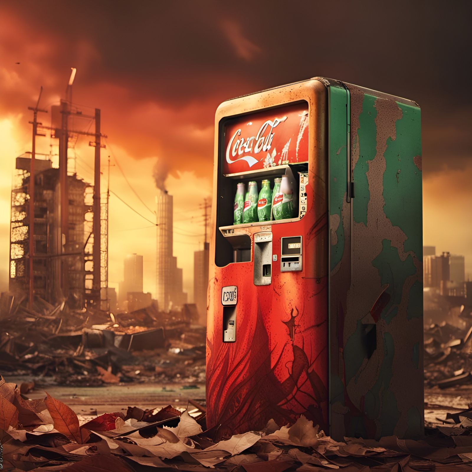 Apocalyptic City with Coke Machine and Green Leaf