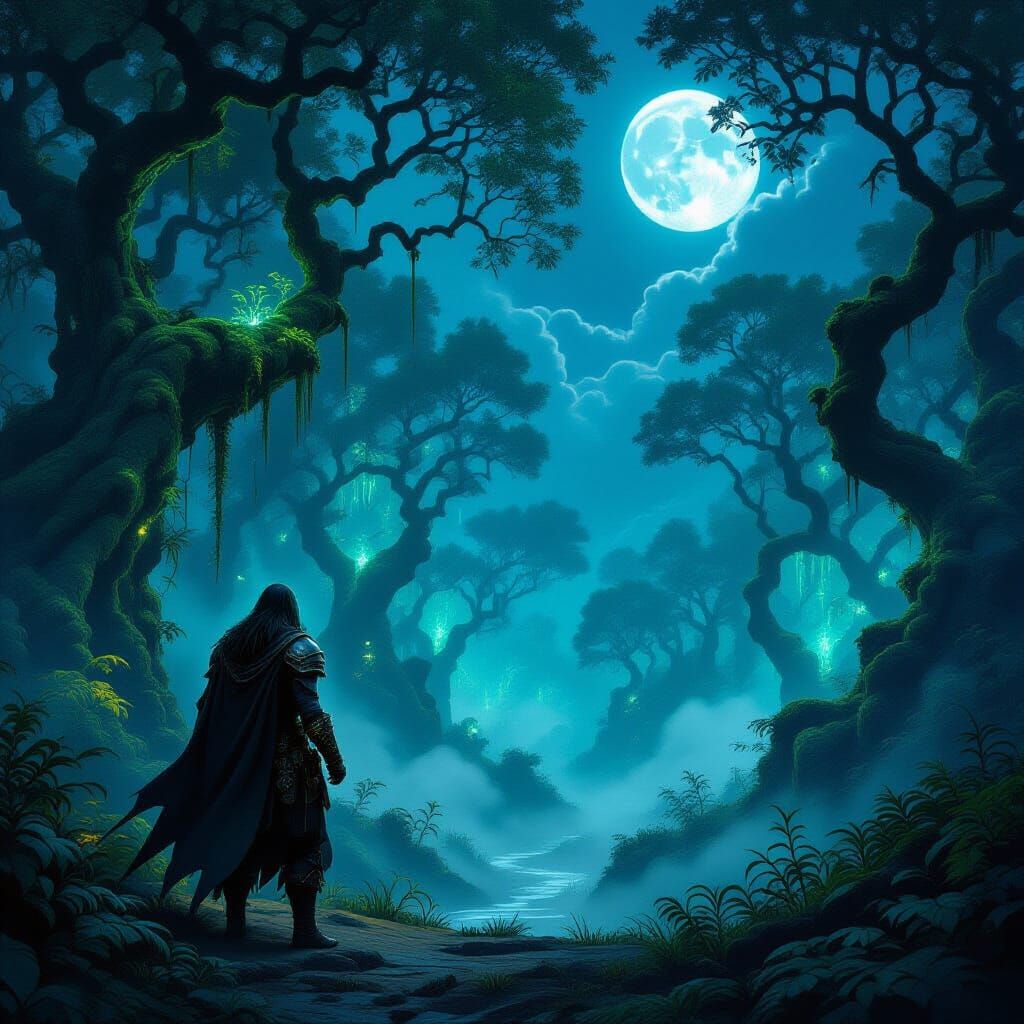 Grizzled Freelancer at Bioluminescent Forest Edge