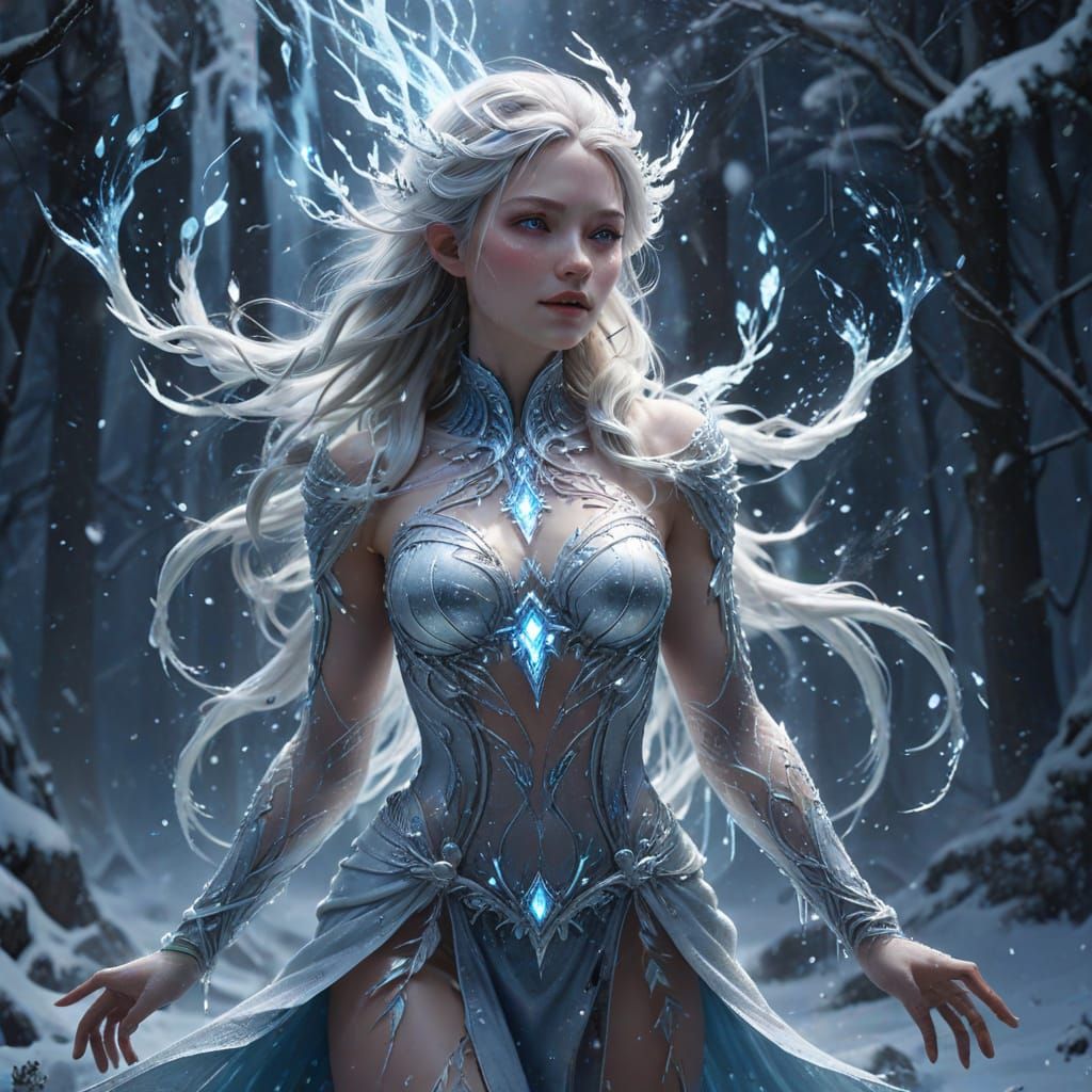 Ethereal Snow Spirit Woman of Ice and Light in Blizzard