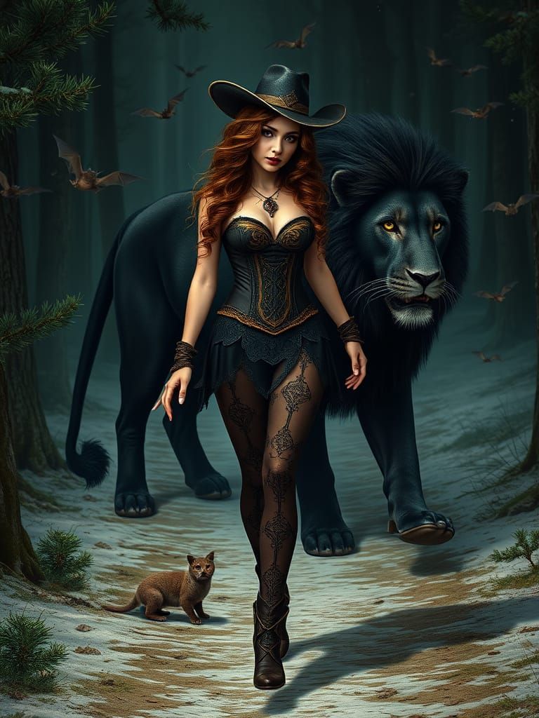 Vampirella and Black Lion in Snowy Forest