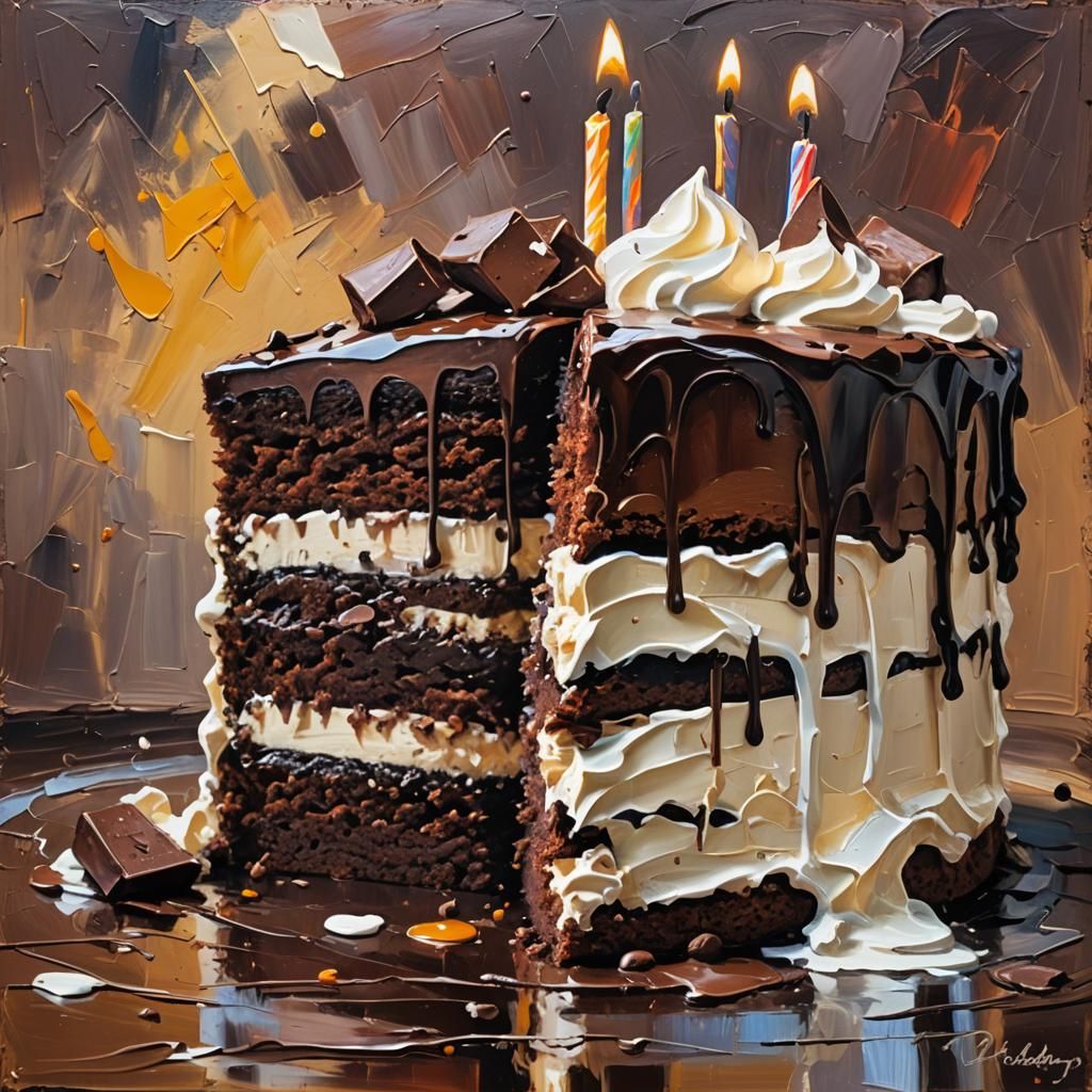 Chocolate Birthday Cake Slice in Expressionist Style