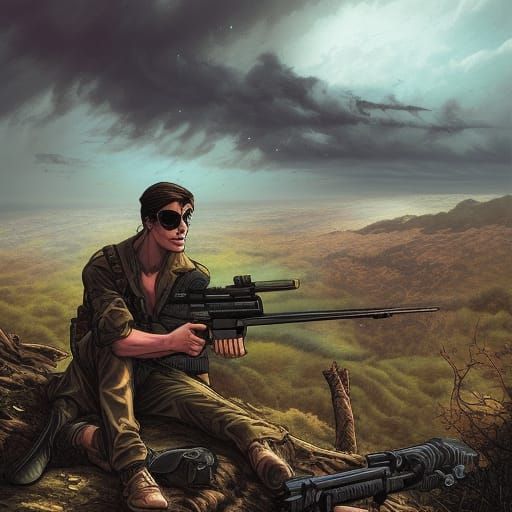 Young Sniper Overlooking Derelict Town in Comic Book Style
