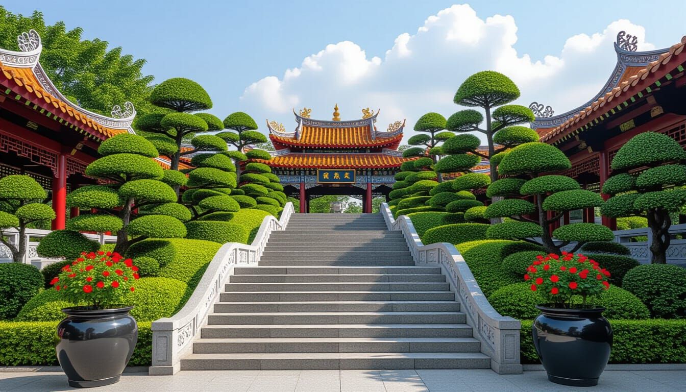 Chinese Garden in Bangkok: Synthwave Retro Style