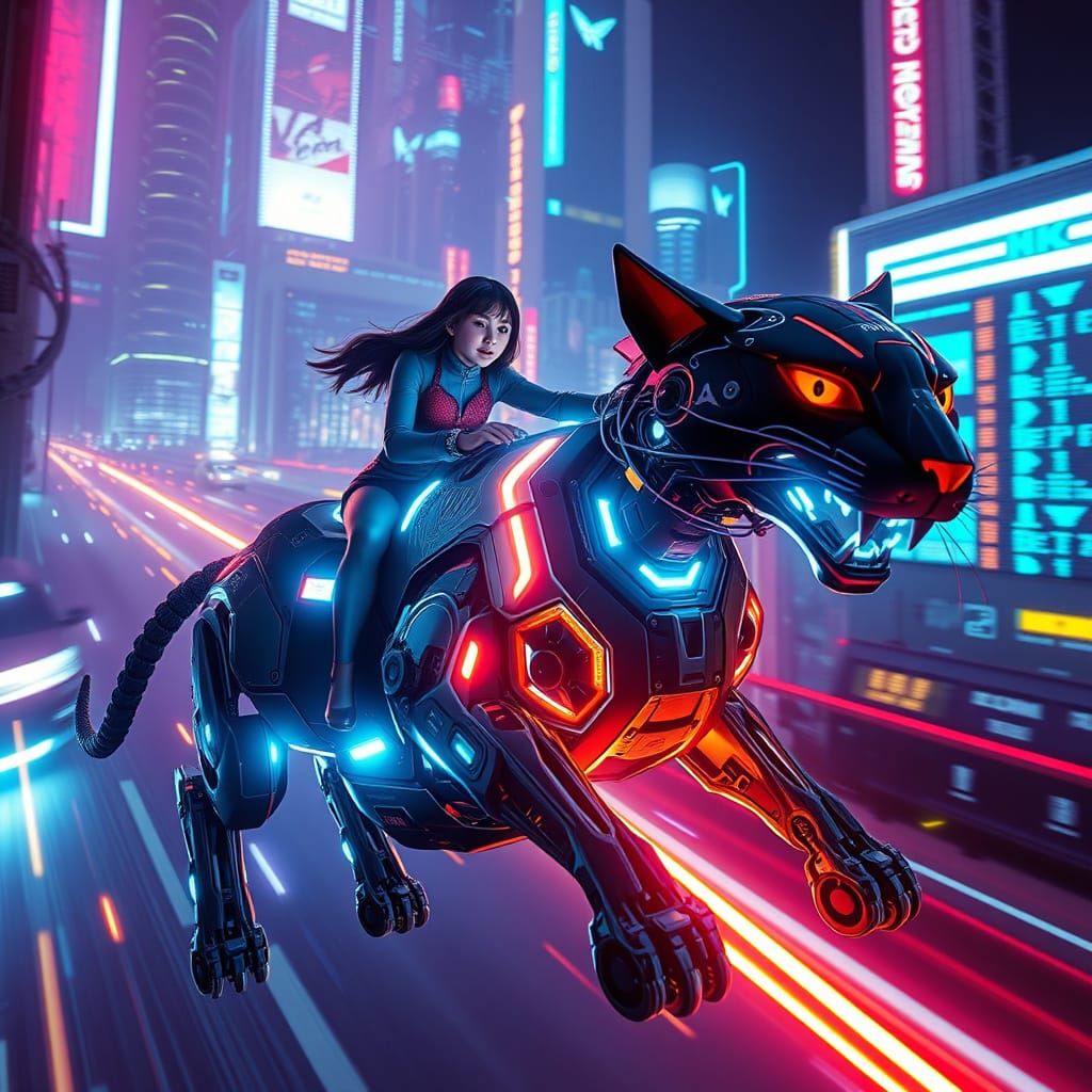 Futuristic Girl Rides Robotic Cat in Neon City