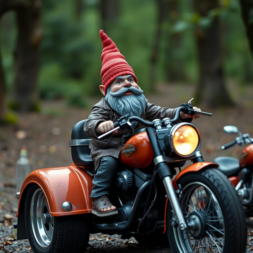 Gnome Biker on Harley, Cinematic Film Still