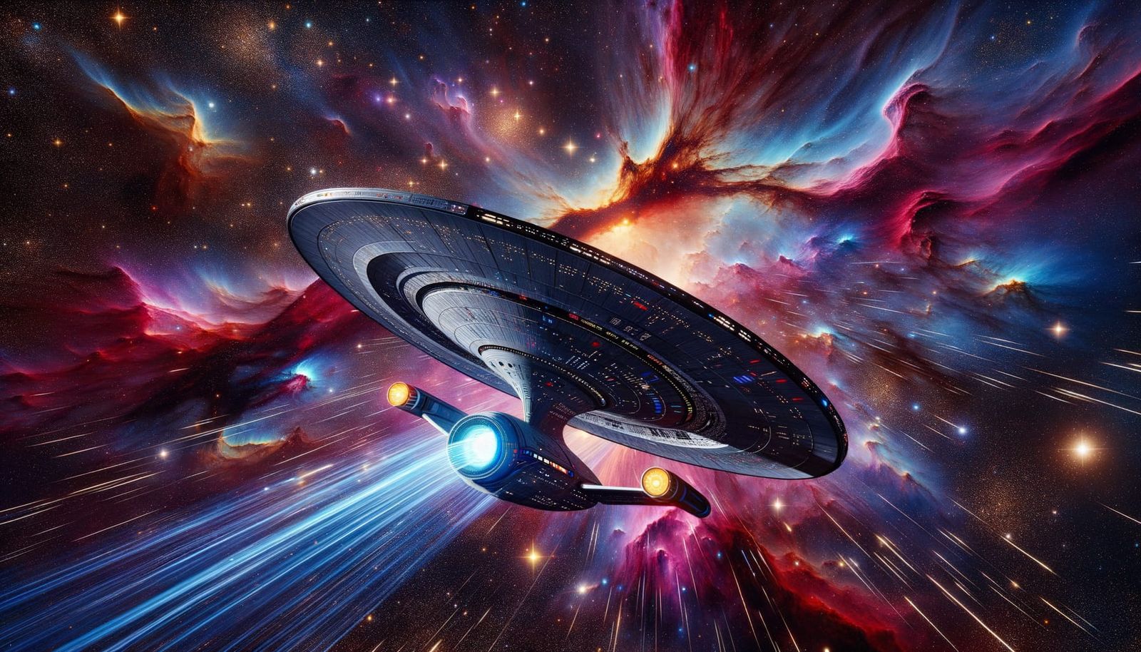 Starship at Warp Speed in Colorful Nebula