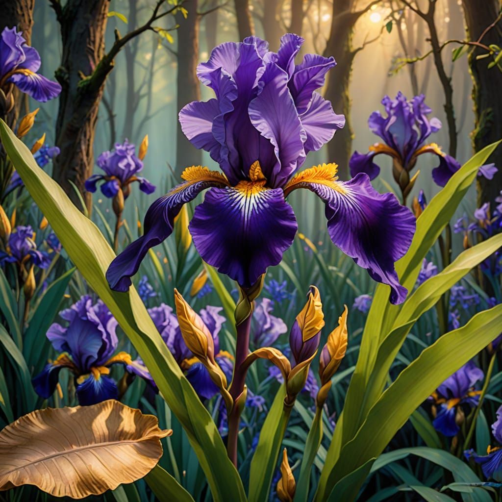 Purple Iris in Mystical Forest: Fantasy Art