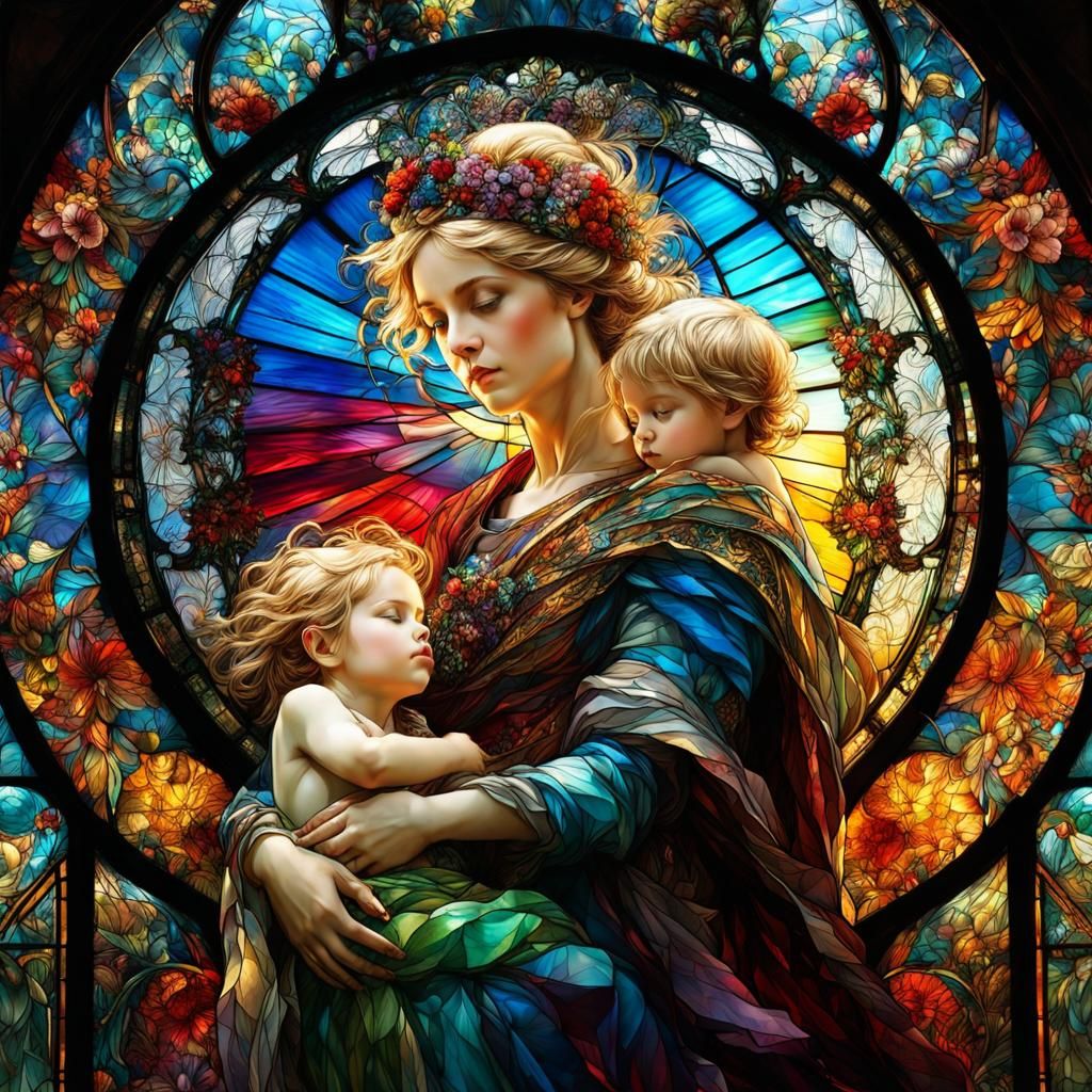 Stained Glass Mother and Child in Anime Style