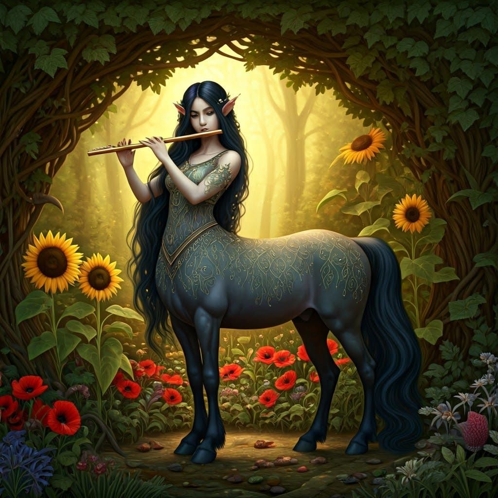 A serene female centaur with raven-hued hair cascading down ...