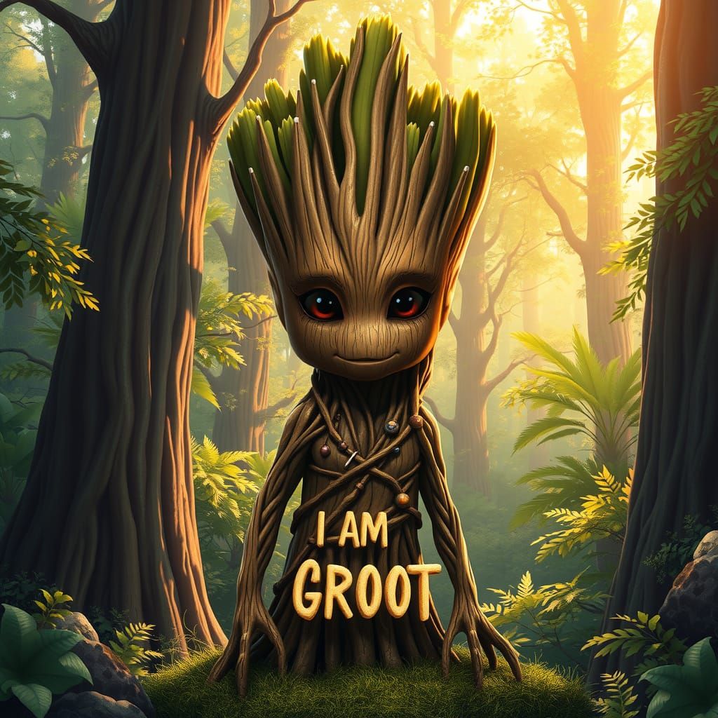 Tree-Like Marvel Hero Groot in Vibrant Forest Landscape