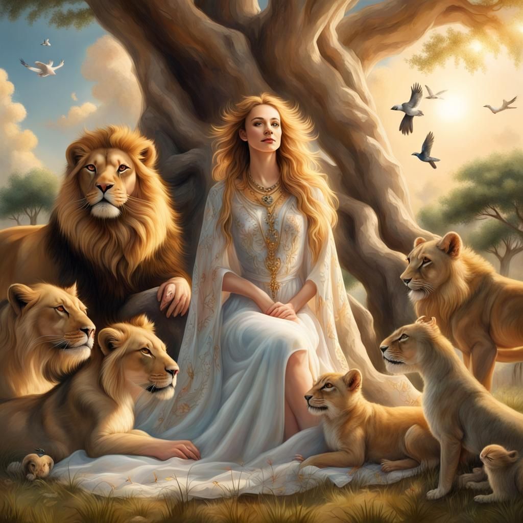 Harmonious Gathering of Animals and Woman
