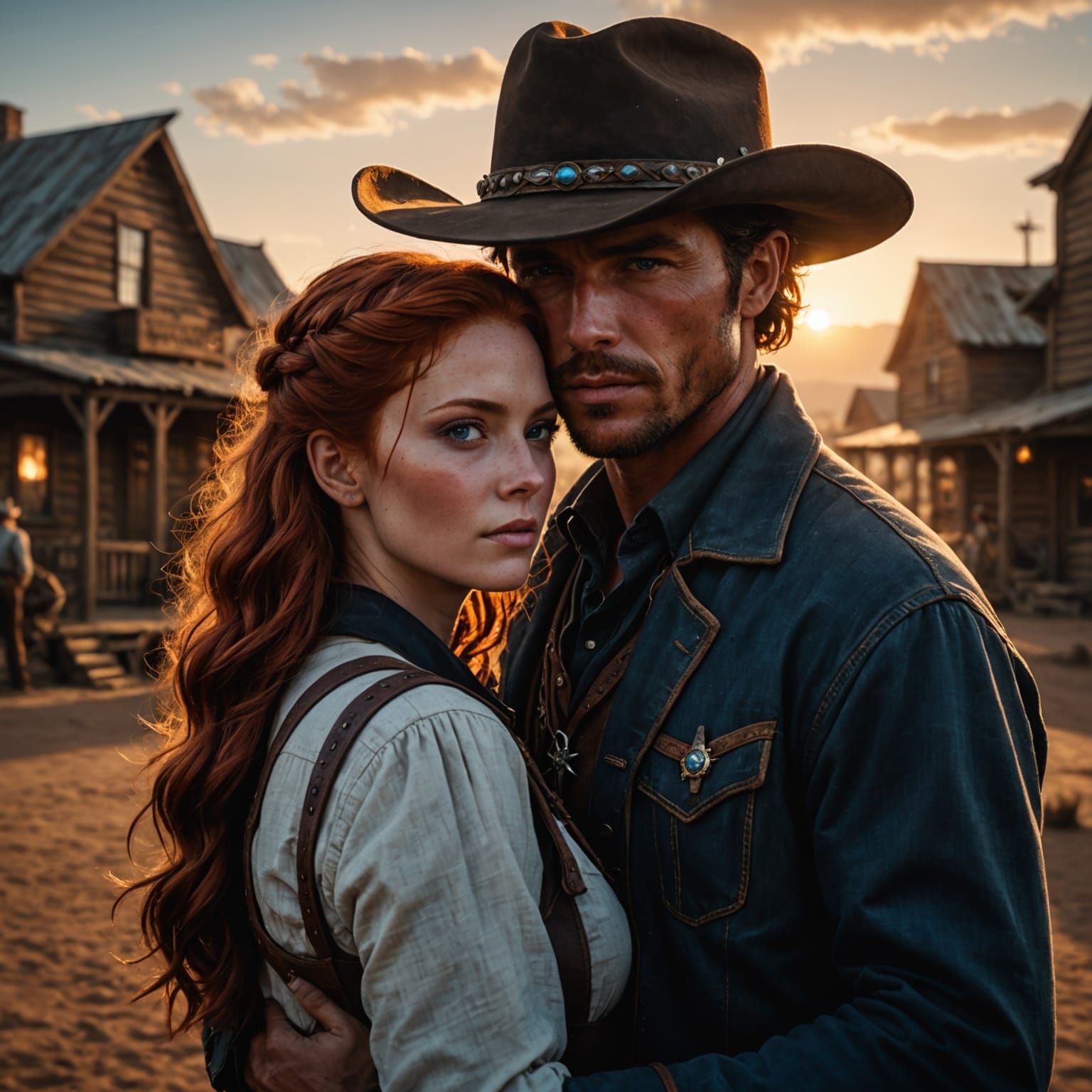 Wild West Sunset Embrace: Redhead Woman and Cowboy