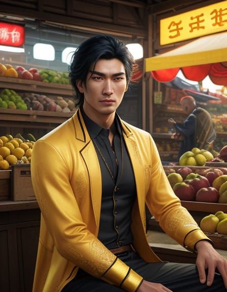 Hyperrealistic Portrait at Fruit Stall in Golden Hour