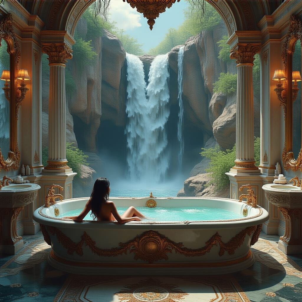 A luxuriously decadent bathroom scene unfold before the viewers eyes. A grand ornate top sit center stage, elegantly bei...