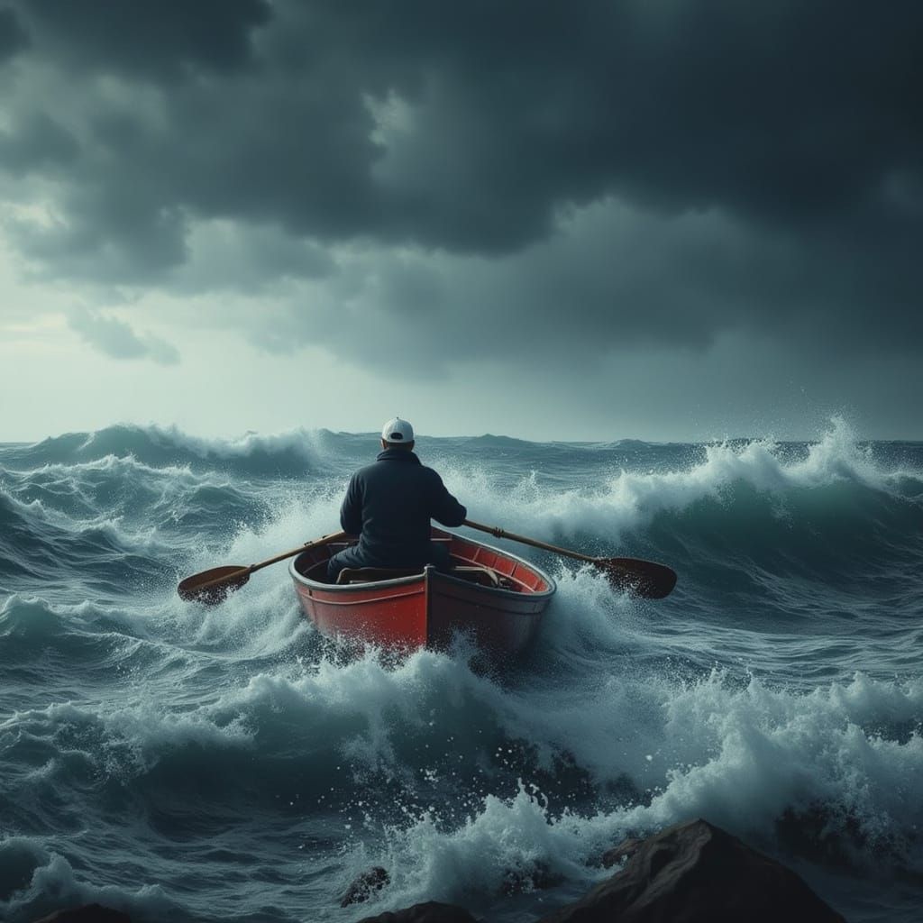 Determined Figure Rows Through Stormy Seas in Red Boat