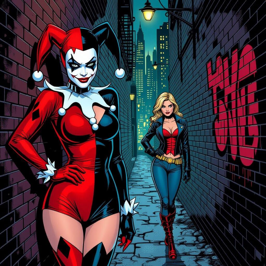 Harley Quinn and Lois Lane in Gotham, Comic Book Style