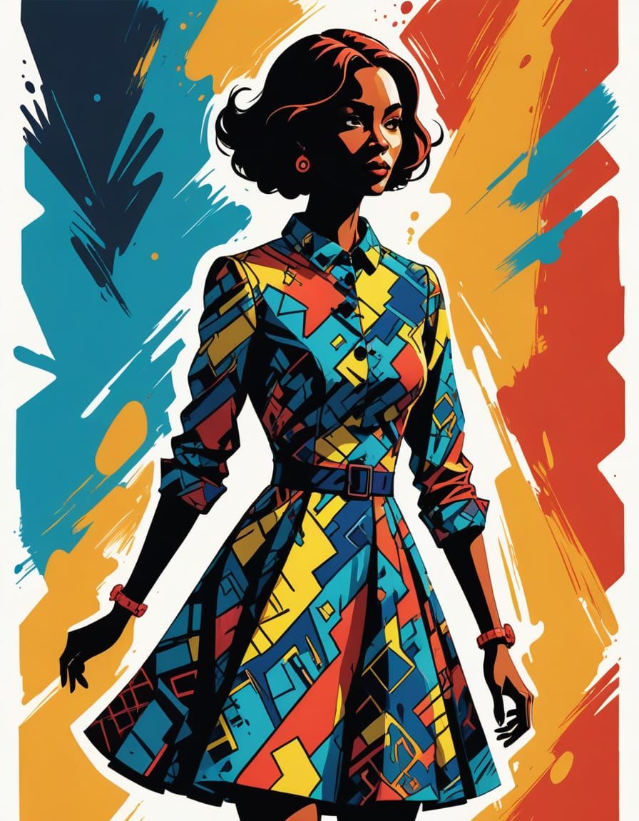Caricature Woman Silhouette in Dorky Dress, Splash Art Style