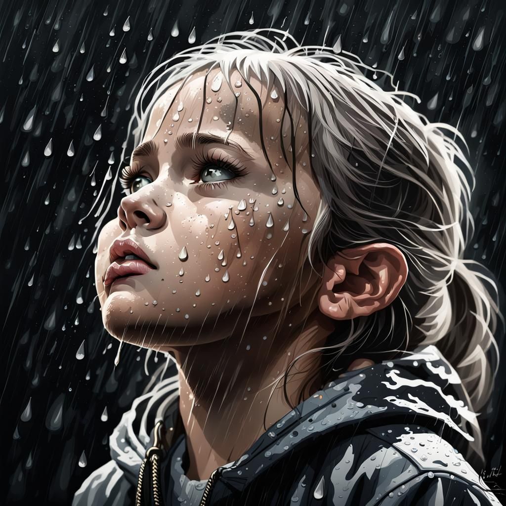 Hyperrealistic Portrait: Girl in Rain