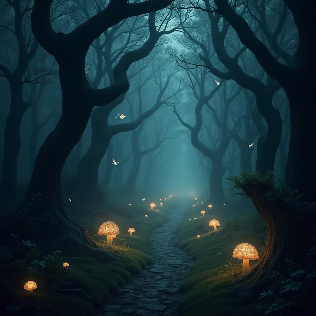 Mystical Dark Forest with Glowing Faeries