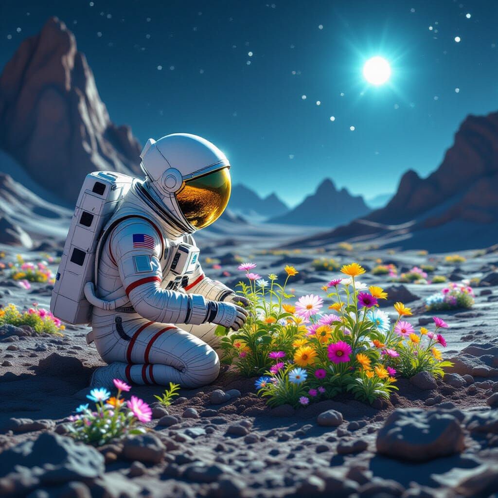 Astronaut Tends Alien Garden on Asteroid