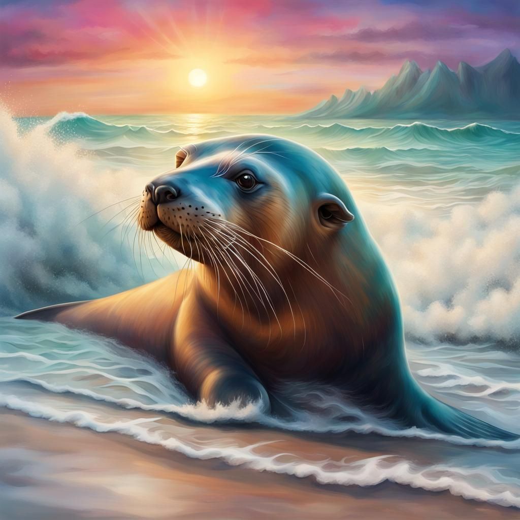 Magical Sealion on a Calm Beach in Hyper-Realistic Style