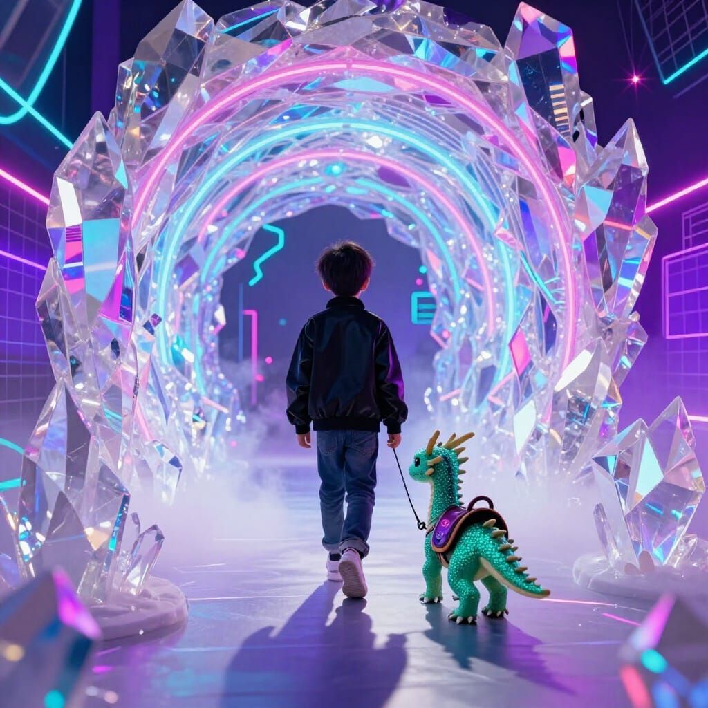 Boy Leads Dragon Through Neon Crystal Tunnel