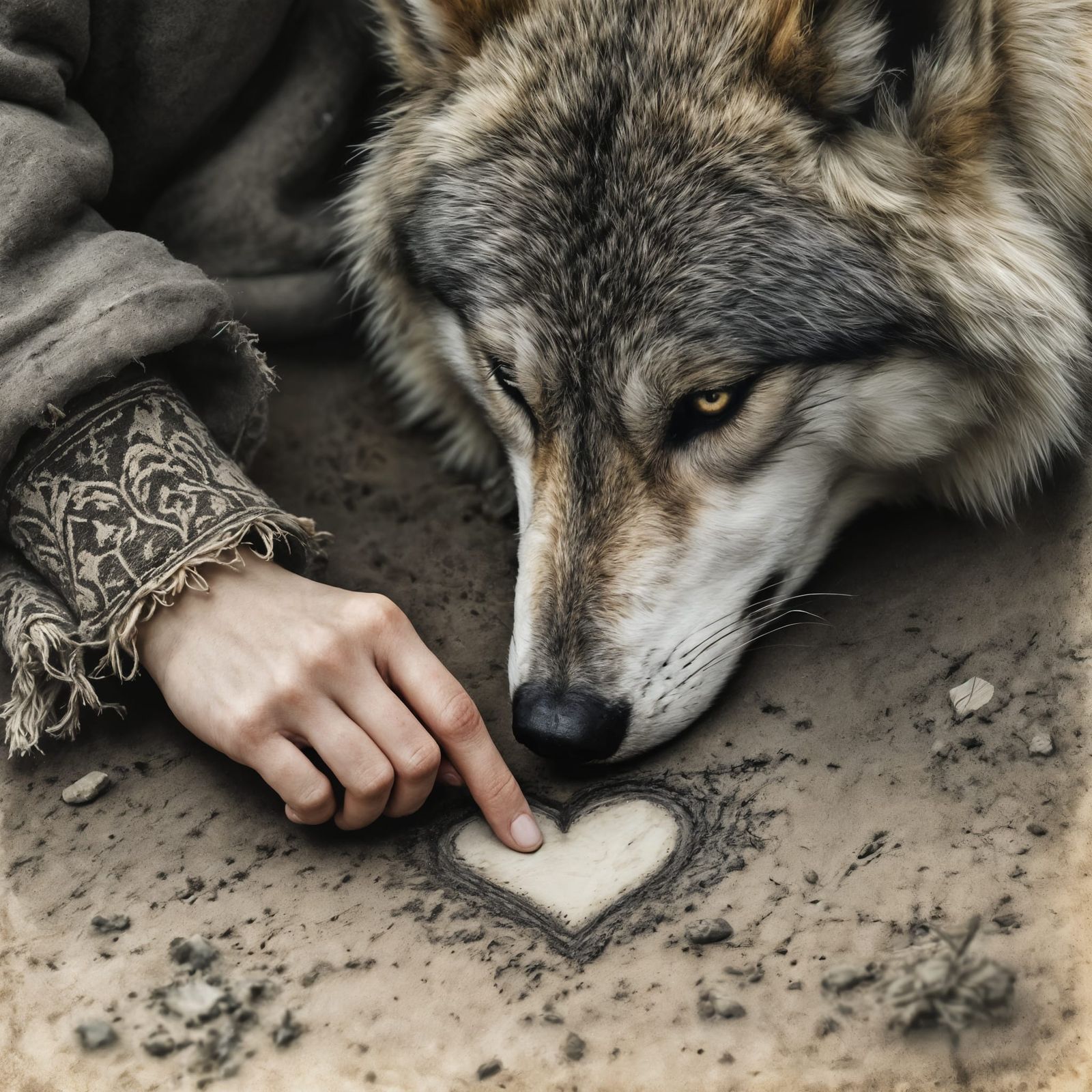 Hand Draws Heart for Wolf: Vintage Charcoal Sketch