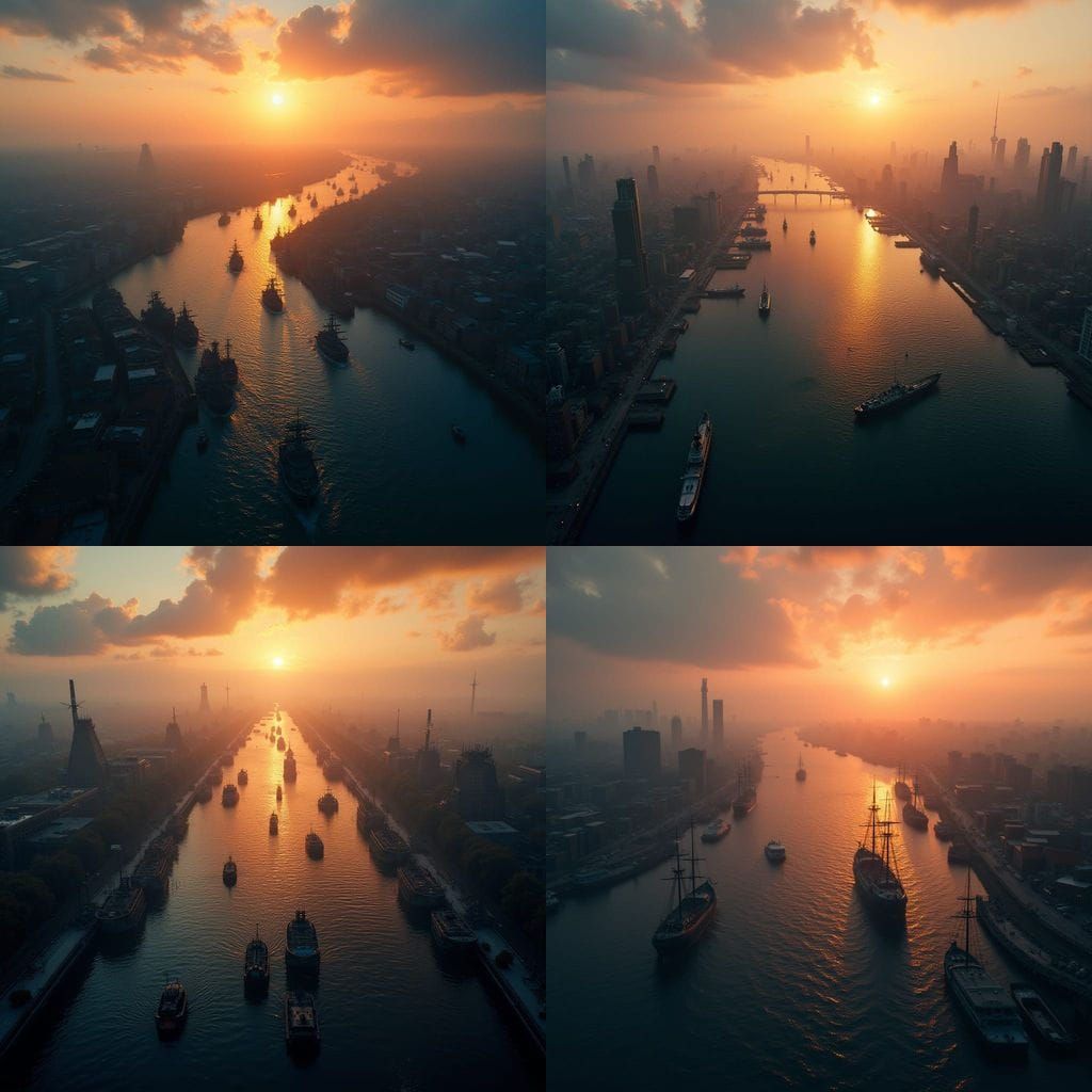 Dystopian Sunset Harbor Battle Scene