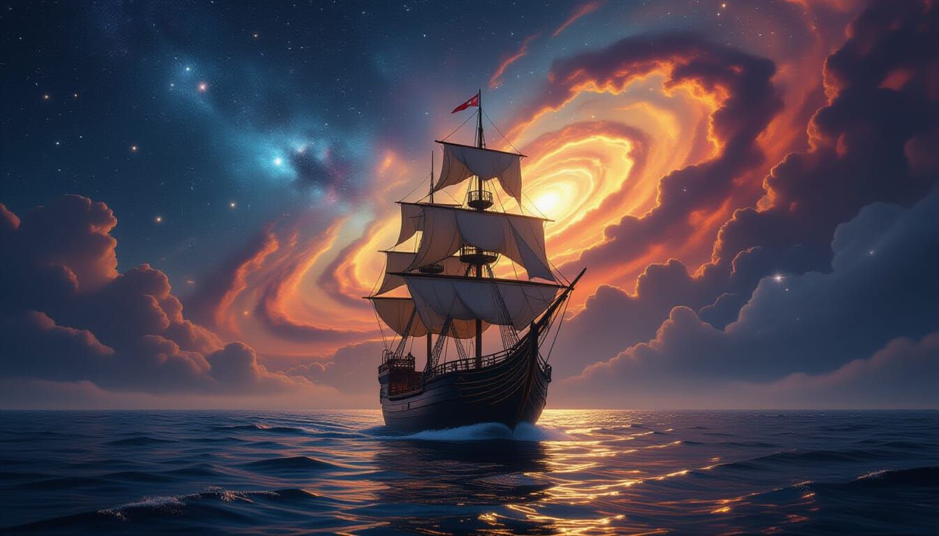 Ship Sails a Constellation Sky: Fantasy Concept Art