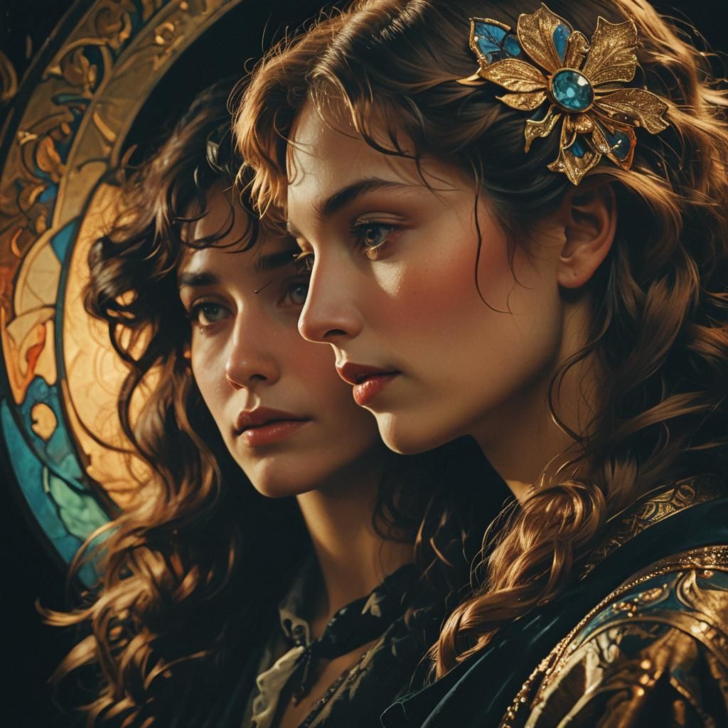 Dramatic Portrait of Whispered Secrets in Art Nouveau Style