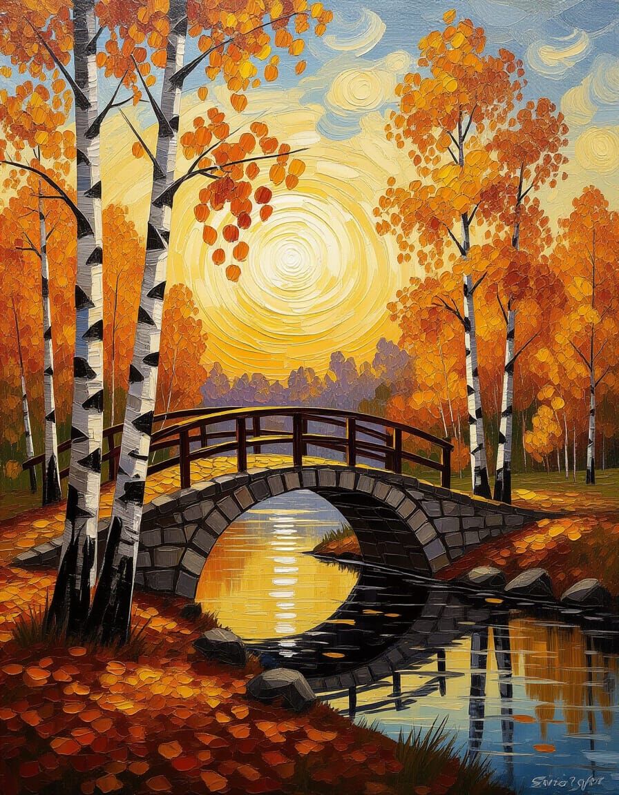 Nostalgic Autumn Landscape Oil Painting of Birch Trees