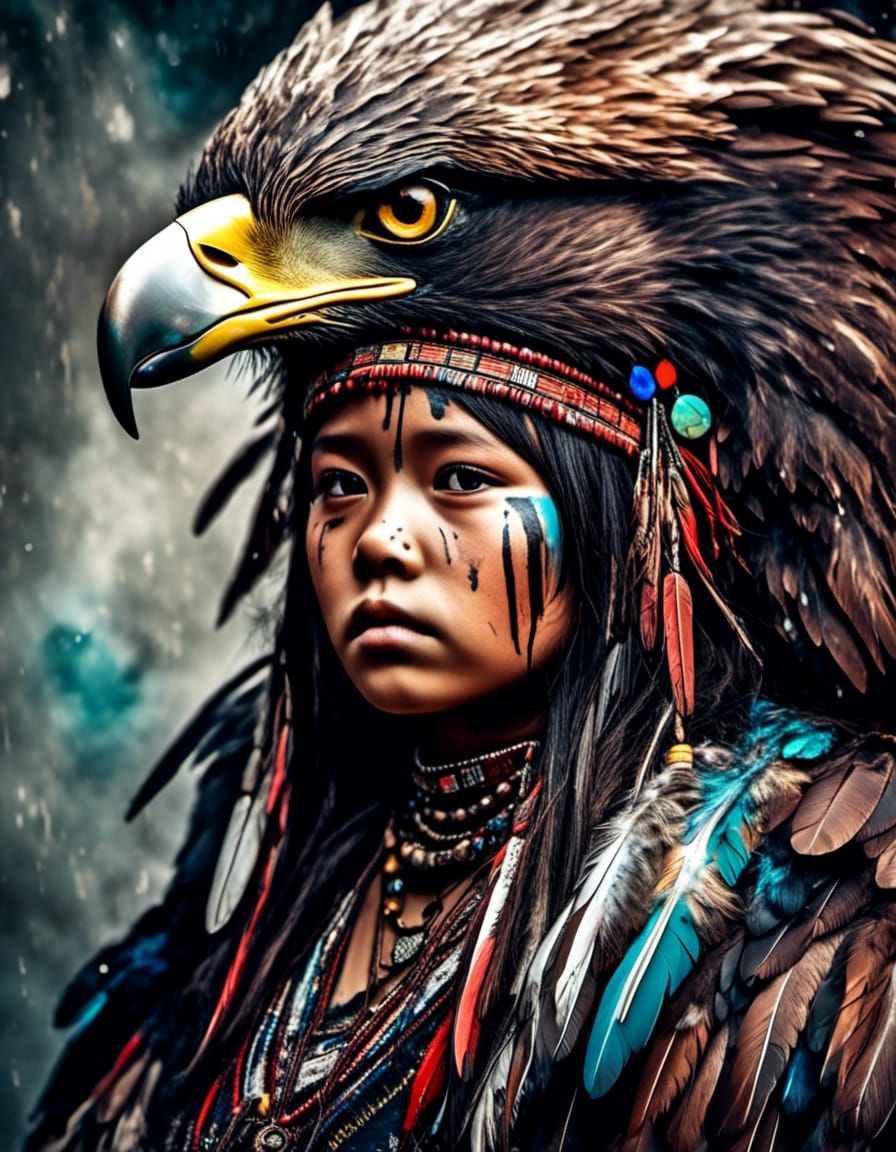 Iroquois Baby Portrait with Eagle in Digital Art Style
