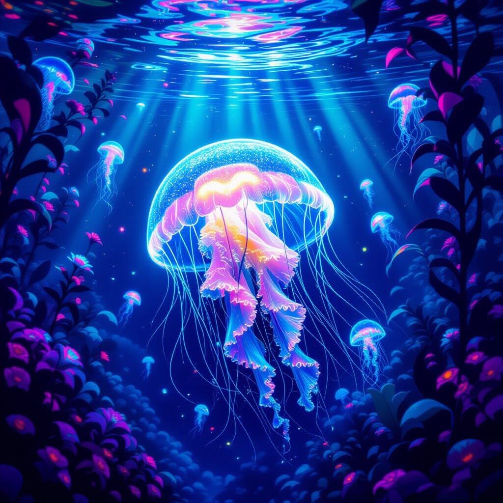 Bioluminescent Jellyfish in Psychedelic Kelp Forest